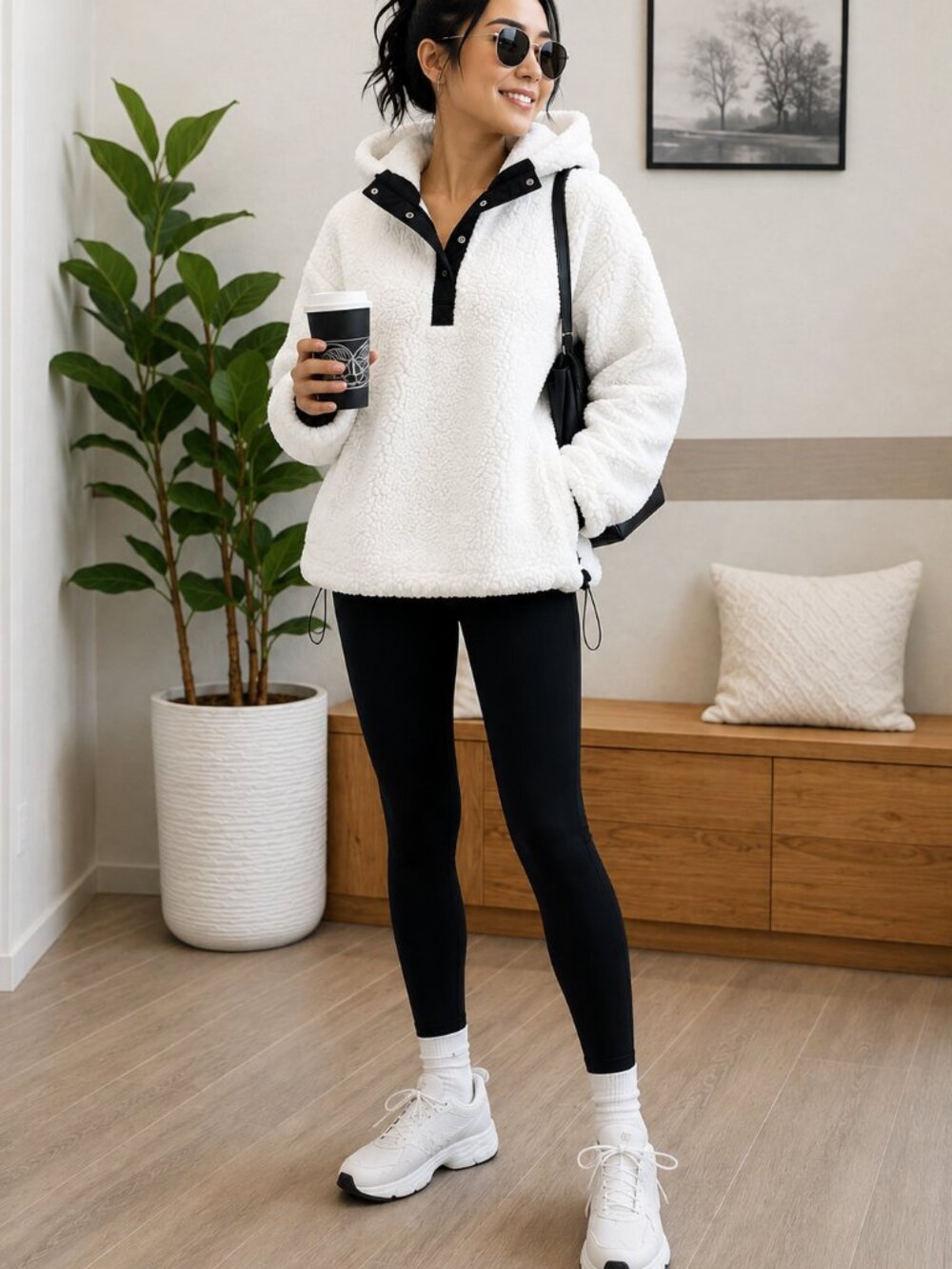 Backcountry White Sherpa Hooded Pullover Jacket XS Black Contrast